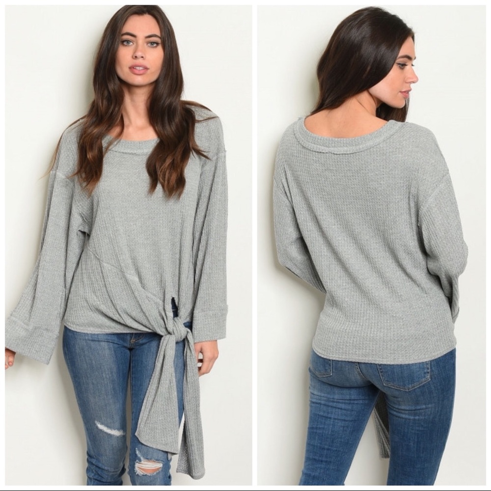 Gray Waffle Knit Top with Waist Tie